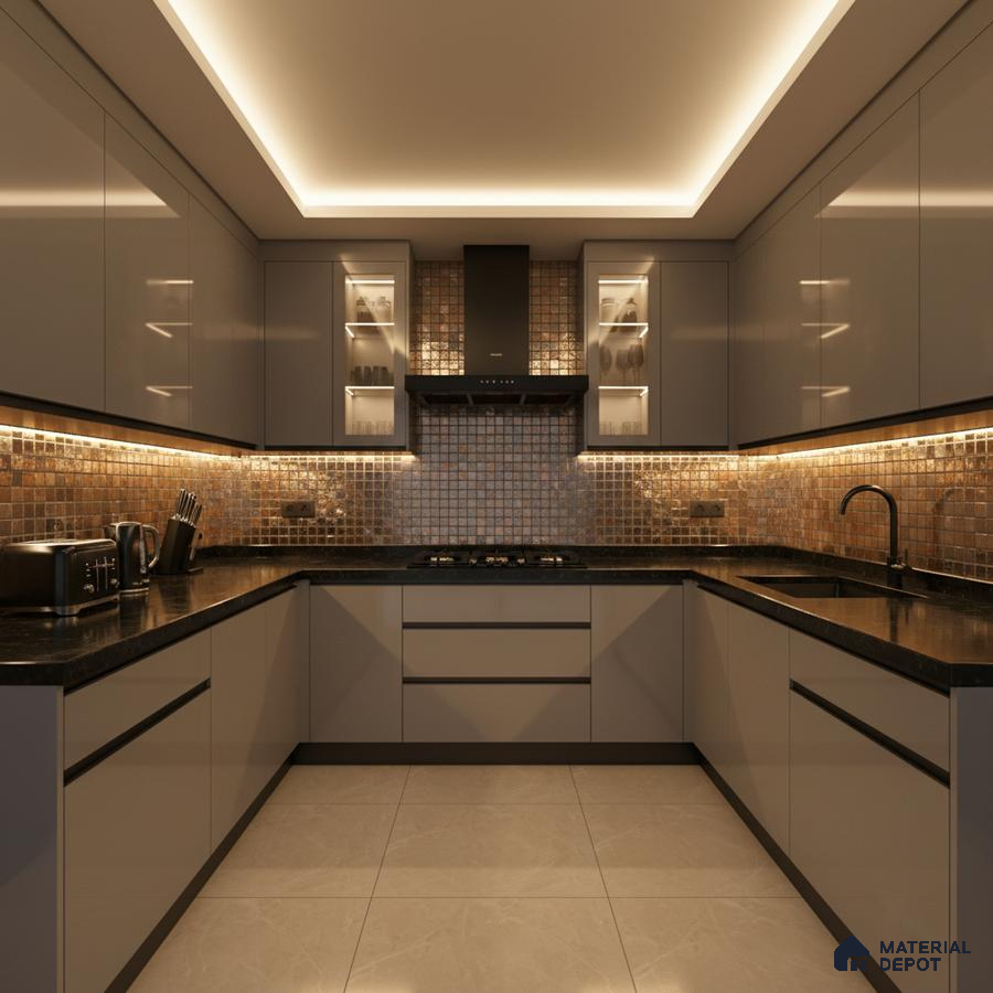 Modern U-shaped kitchen with glossy taupe laminate, black quartz countertop, and bronze mosaic backsplash tiles in Bengaluru