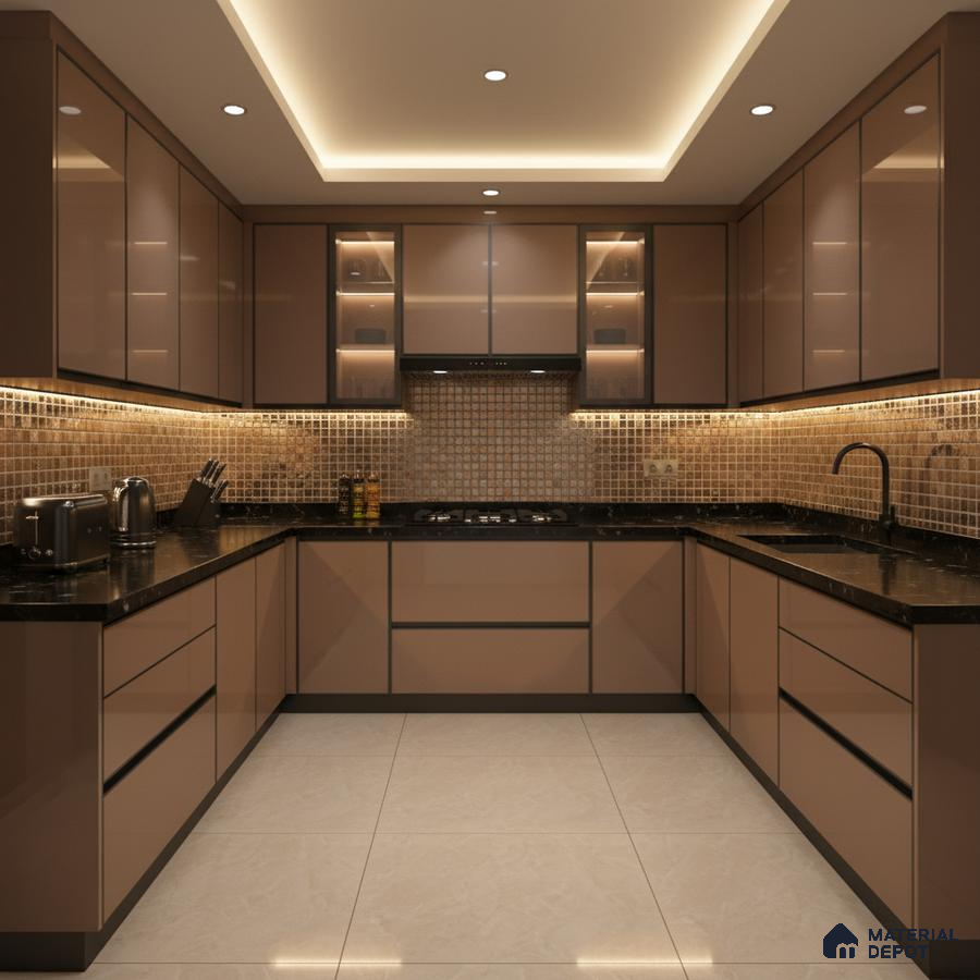 Modern U-shaped kitchen with glossy taupe laminate, black quartz countertop, and mosaic backsplash tiles in Bengaluru