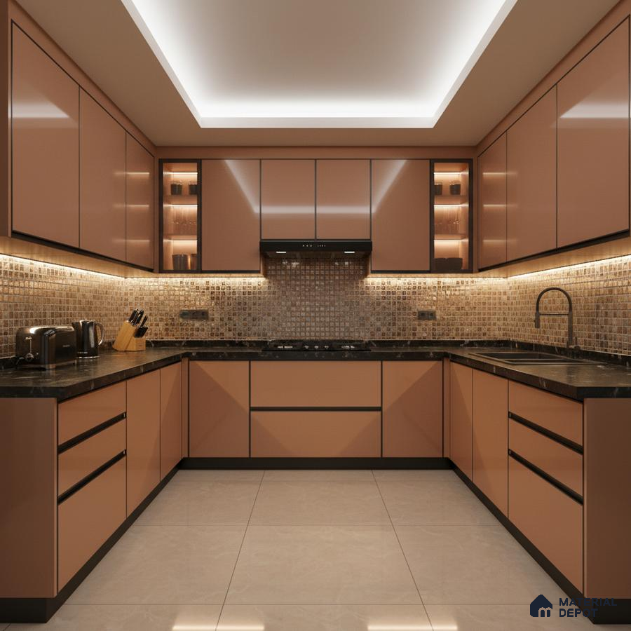 Modern U-shaped kitchen with glossy terracotta laminate cabinets, mosaic tile backsplash, and black granite countertop in Bengaluru