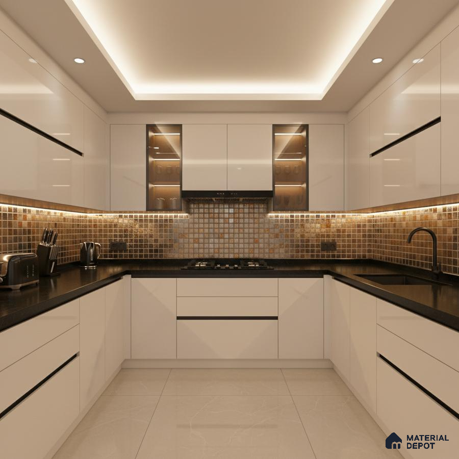 Modern U-shaped kitchen with glossy white laminate, black quartz countertop, and brown mosaic backsplash tiles in Bengaluru