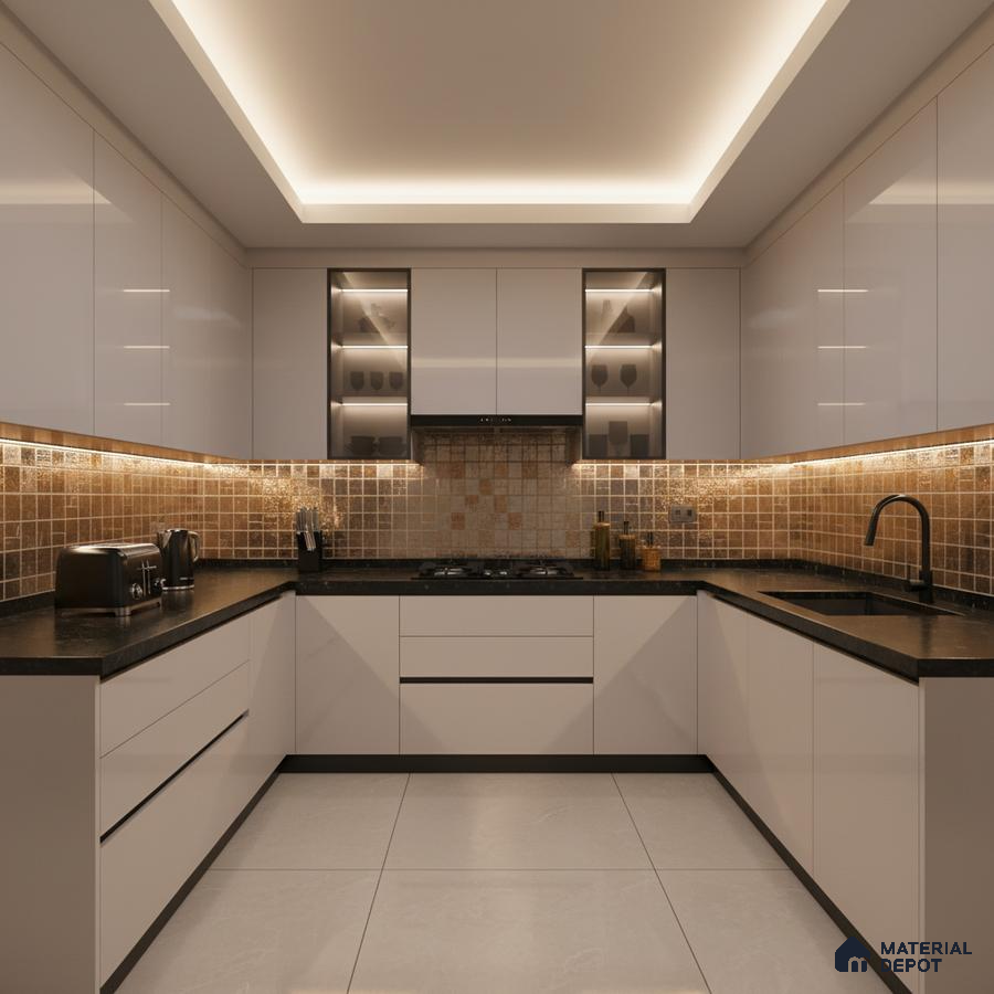 Modern U-shaped kitchen with glossy white laminate cabinets, black quartz countertop, and beige mosaic backsplash tiles in Bengaluru