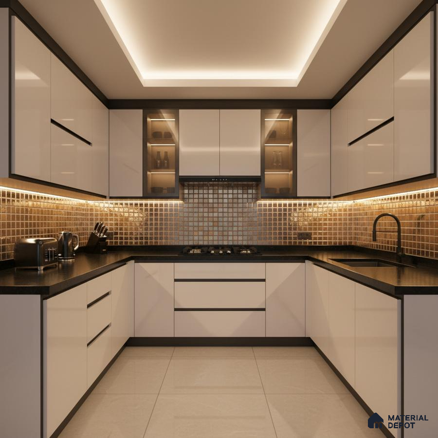 Modern U-shaped kitchen with high gloss white laminate, black quartz countertop, and bronze mosaic backsplash tiles in Bengaluru