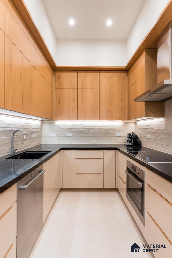 Modern U-shaped kitchen with light oak wood laminate, beige solid color laminate, and black granite countertop in Bengaluru | Material Depot