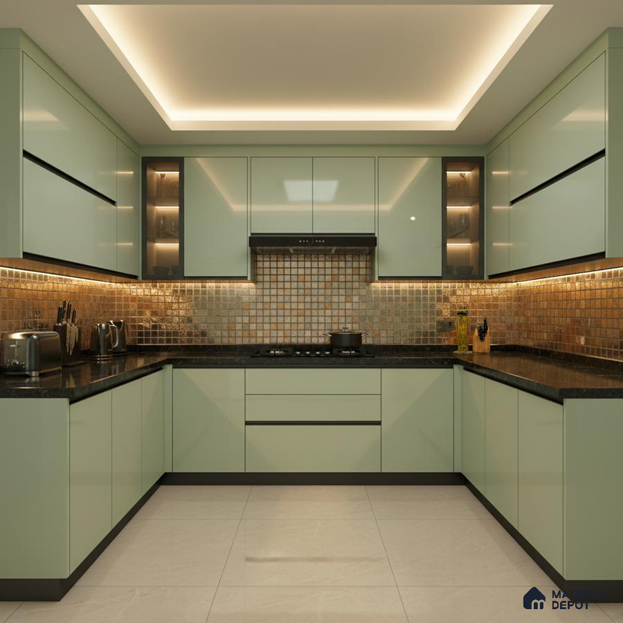 Modern U-shaped kitchen with pastel green high gloss laminate, black granite countertop, and metallic mosaic backsplash tiles in Bengaluru