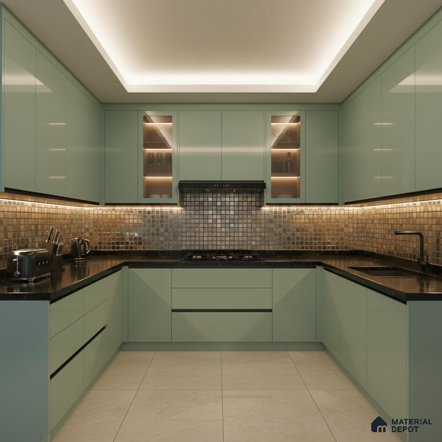 Modern U-shaped kitchen with pastel green laminate, black quartz countertop, and metallic mosaic backsplash tiles in Bengaluru