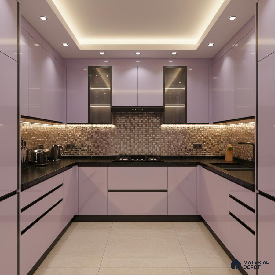 Modern U-shaped kitchen with pastel lavender high gloss laminate, black quartz countertop, and mosaic backsplash tiles in Bengaluru