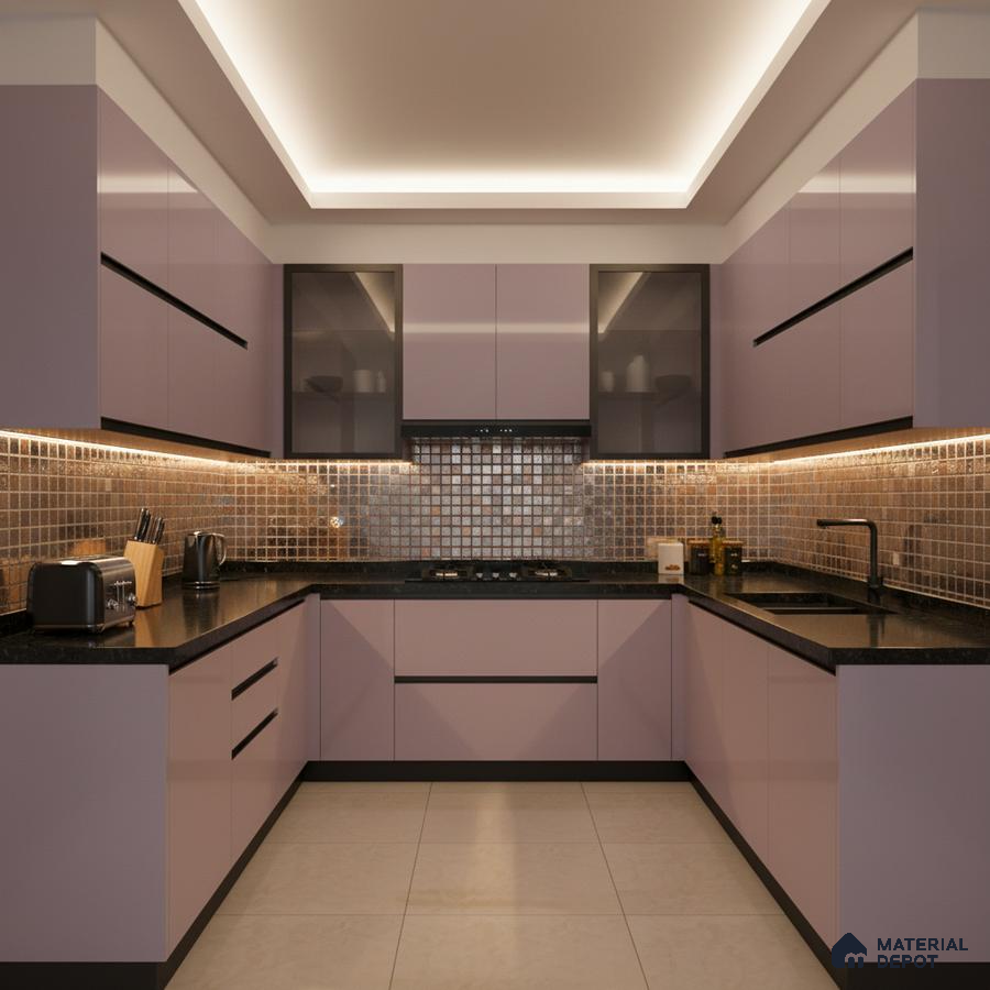 Modern U-shaped kitchen with pastel mauve laminate, black granite countertop, and metallic mosaic backsplash tiles in Bengaluru