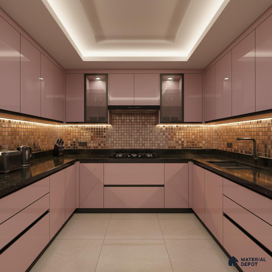 Modern U-shaped kitchen with pastel pink high gloss laminate, black granite countertop, and mosaic tile backsplash in Bengaluru