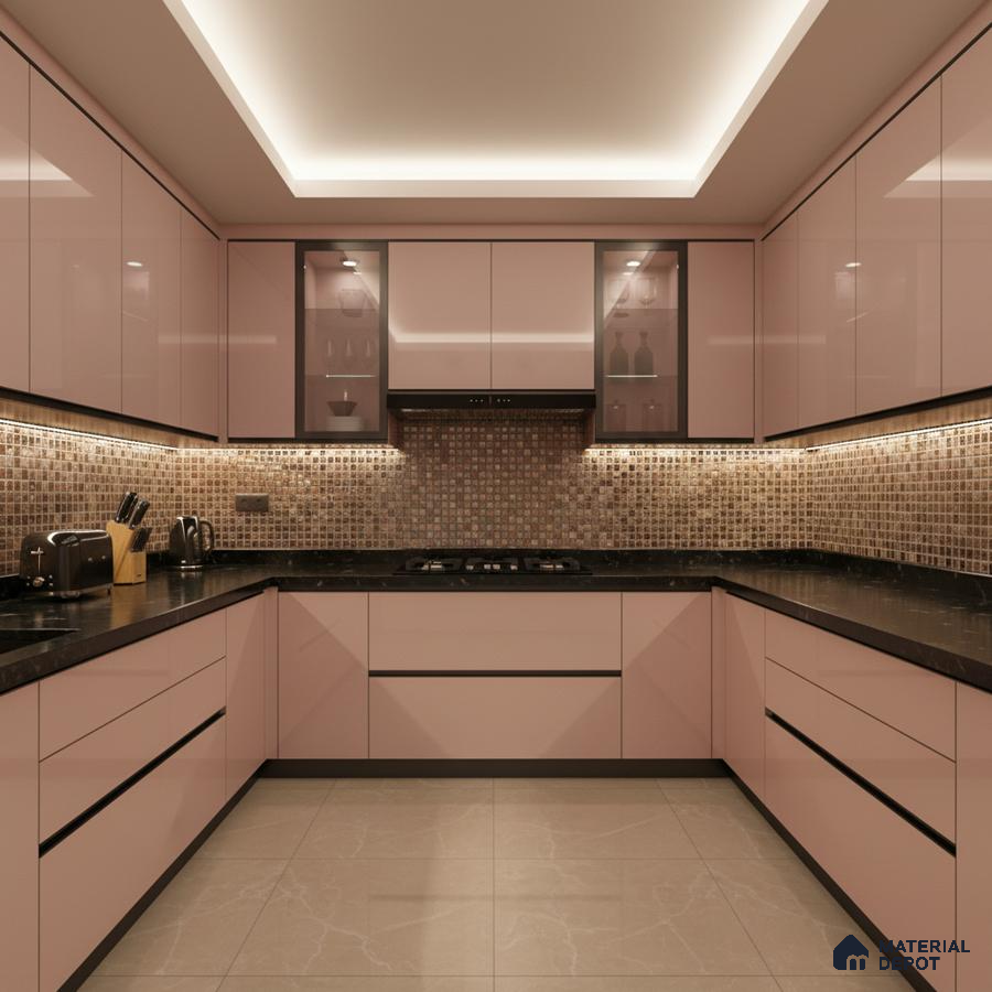 Modern U-shaped kitchen with pastel pink high gloss laminate, mosaic tile backsplash, and black quartz countertop in Bengaluru