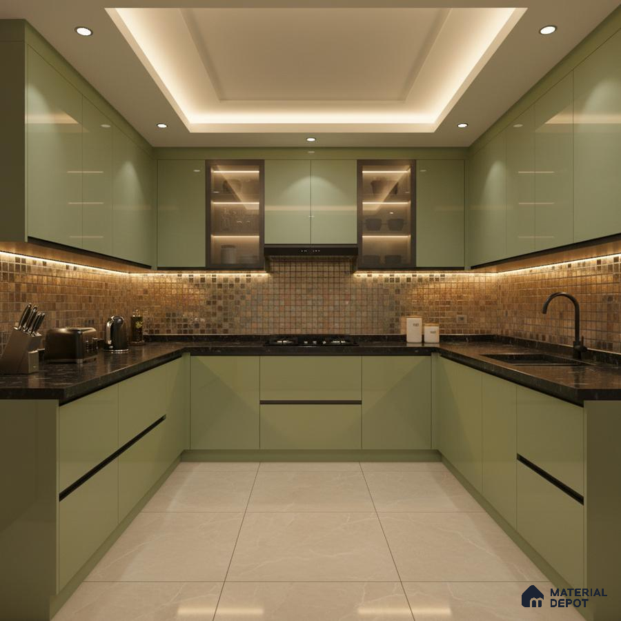 Modern U-shaped kitchen with sage green high gloss laminate, black granite countertop, and bronze mosaic backsplash tiles in Bengaluru