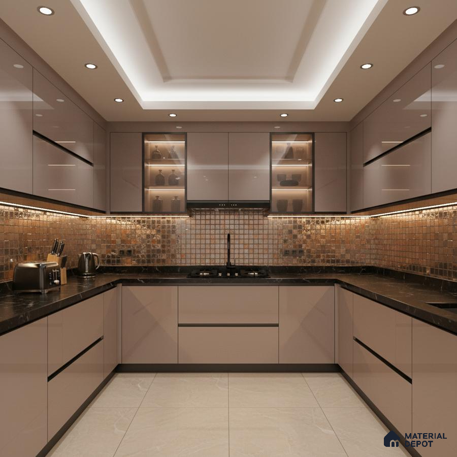 Modern U-shaped kitchen with taupe high gloss laminate, black marble countertop, and bronze mosaic backsplash tiles in Bengaluru