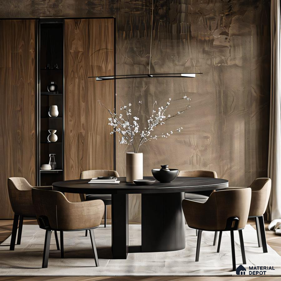 Modern Wabi-Sabi Dining Room with Exposed Brick Wall and Round Table | Material Depot