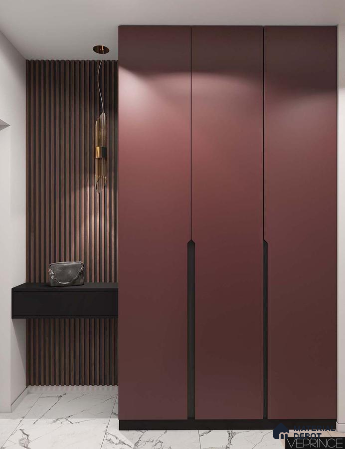 Modern Wardrobe with burgundy matte laminate wardrobe, walnut wood louver panels, and white marble floor tiles | Material Depot