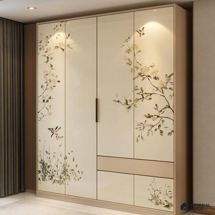 Modern wardrobe with floral patterned laminate and light wood frame | Material Depot