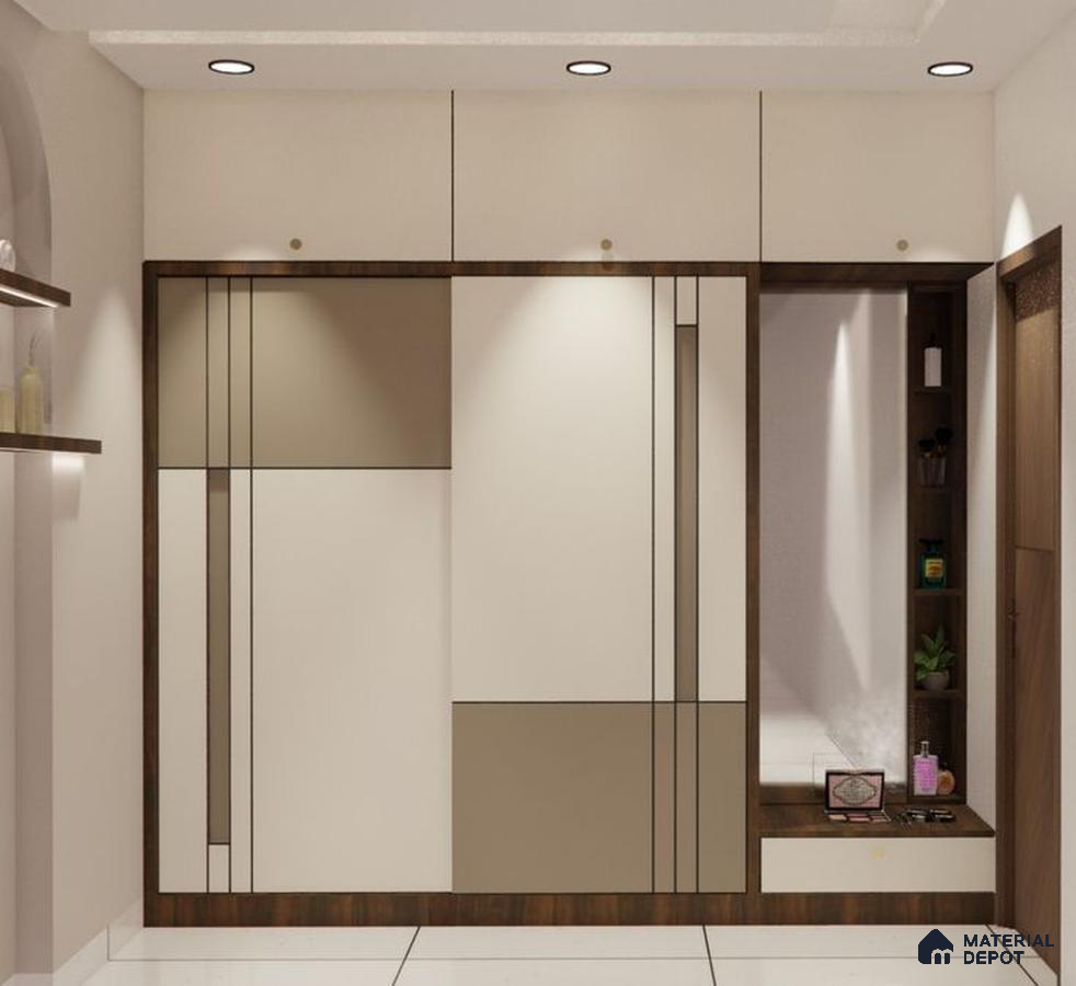 Modern wardrobe with frosty white and taupe laminate, walnut brown accents | Material Depot