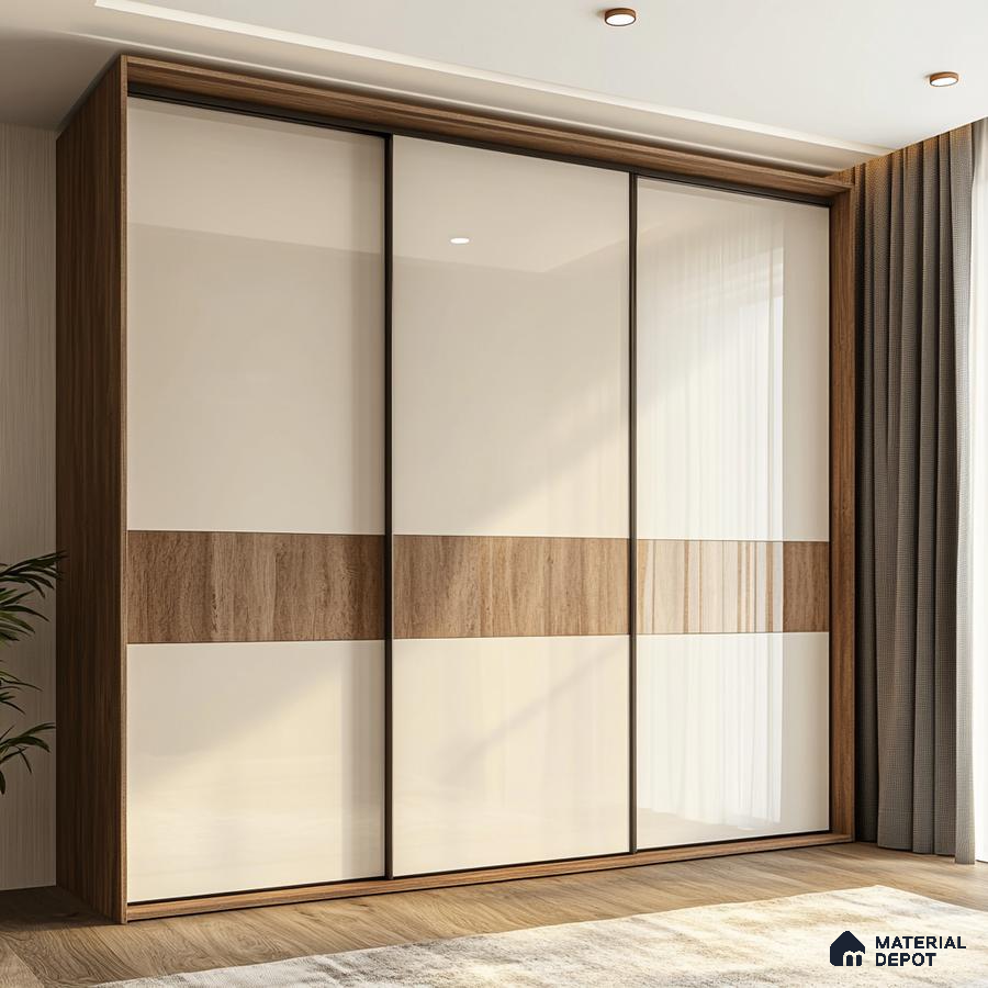 Modern wardrobe with frosty white high gloss laminate and walnut wood laminate accent | Material Depot