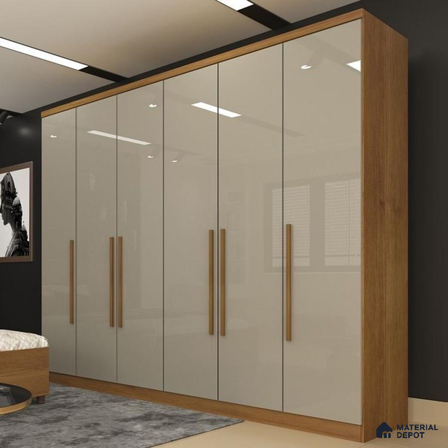 Modern wardrobe with frosty white high gloss laminate shutters and oak wood laminate frame | Material Depot