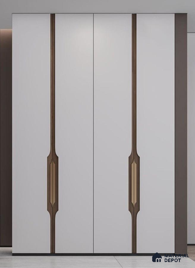 Modern wardrobe with frosty white laminate and walnut brown decorative profiles | Material Depot