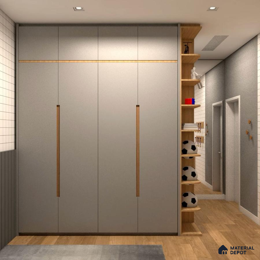 Modern wardrobe with frosty white laminate shutters and oak wood open shelves | Material Depot