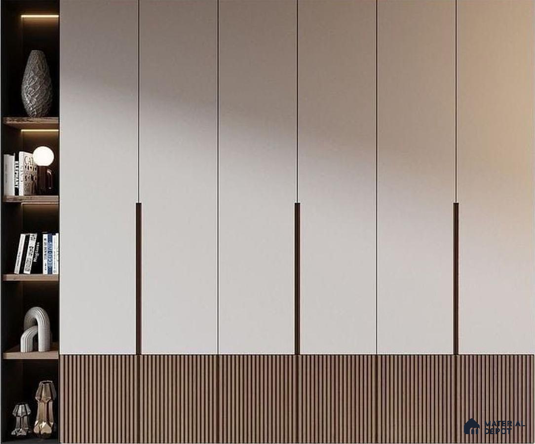 Modern wardrobe with frosty white laminate shutters and walnut brown fluted laminate base | Material Depot