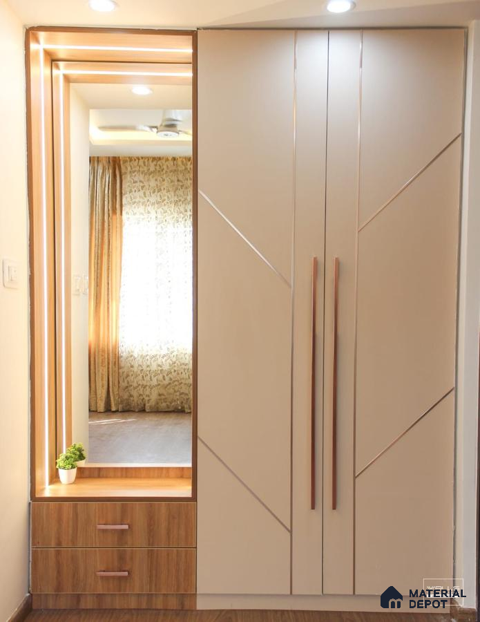 Modern wardrobe with frosty white laminate, wooden laminate drawers, and integrated mirror | Material Depot