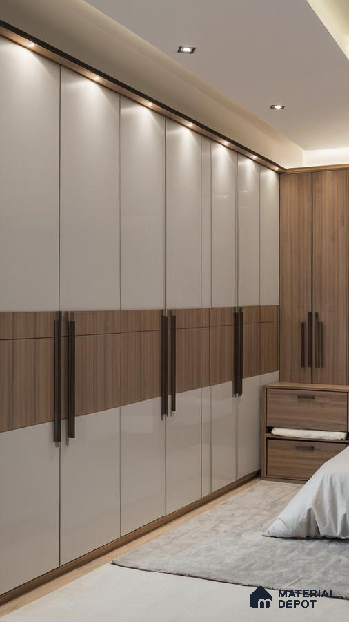 Modern wardrobe with glossy frosty white and light oak wood laminate in bedroom | Material Depot