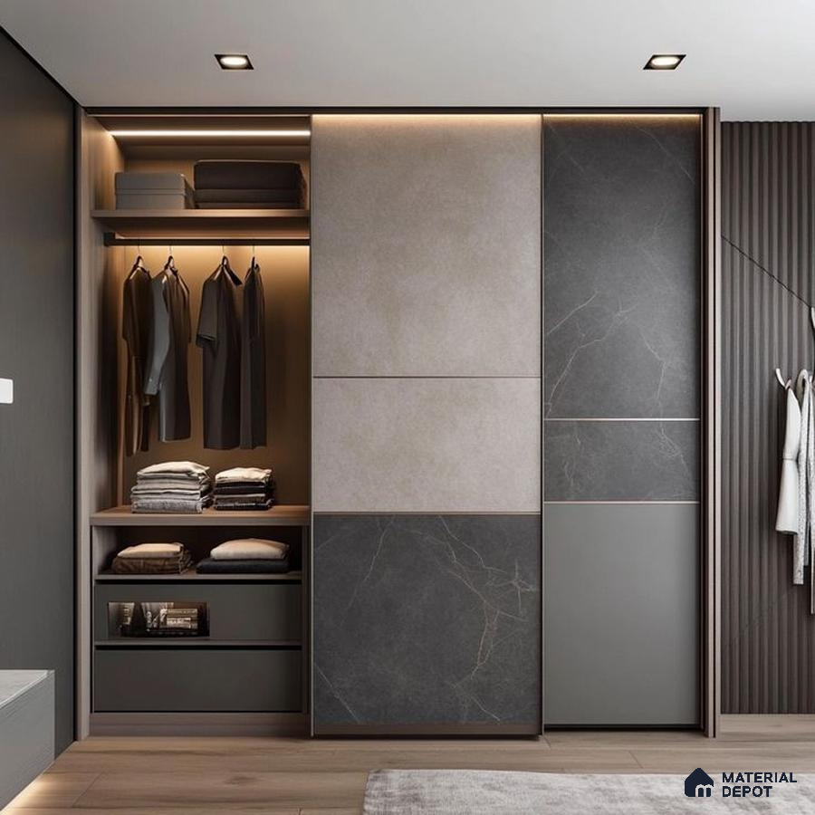 Modern wardrobe with grey marble-look laminate, taupe solid laminate, and fluted wood panel accent | Material Depot
