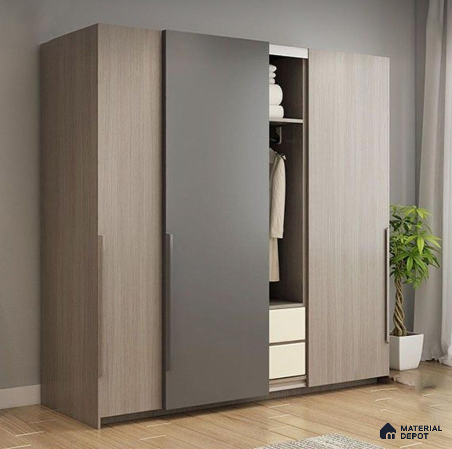 Modern wardrobe with grey matte laminate and light oak wood laminate in bedroom | Material Depot