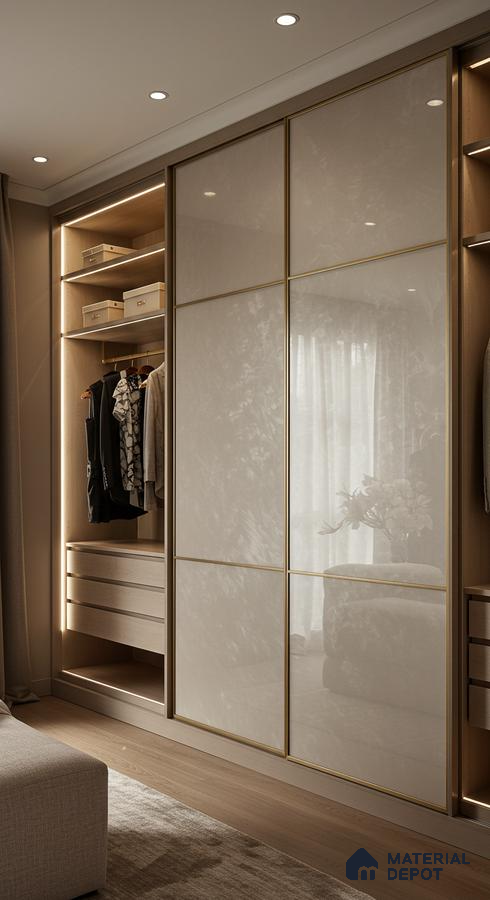 Modern wardrobe with high gloss beige marble-look laminate and light oak wood finish | Material Depot