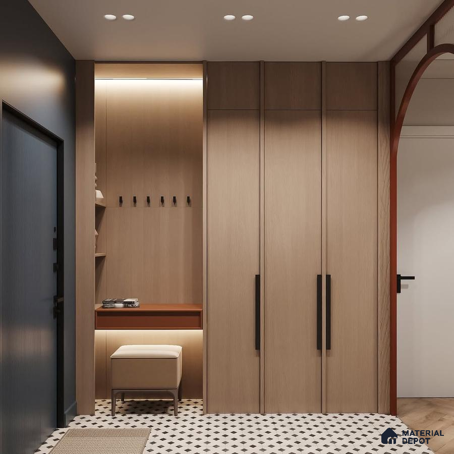 Modern Wardrobe with light oak laminate wardrobes and black-and-white geometric floor tiles | Material Depot