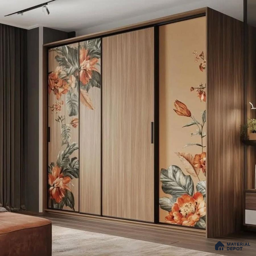 Modern wardrobe with light oak wood laminate and floral patterned laminate shutters | Material Depot