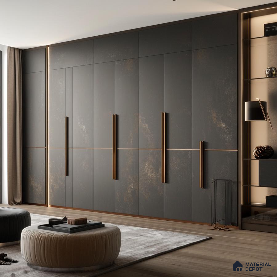 Modern wardrobe with matte black laminate, bronze accent handles, and light oak wooden flooring | Material Depot