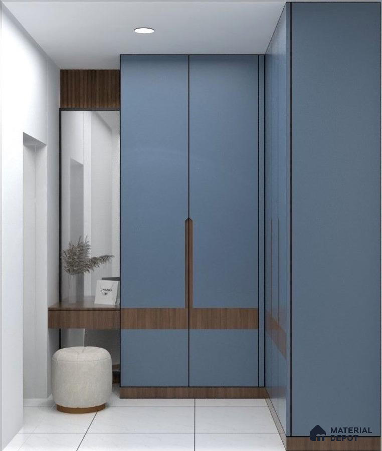 Modern wardrobe with matte blue laminate and walnut wood accents | Material Depot