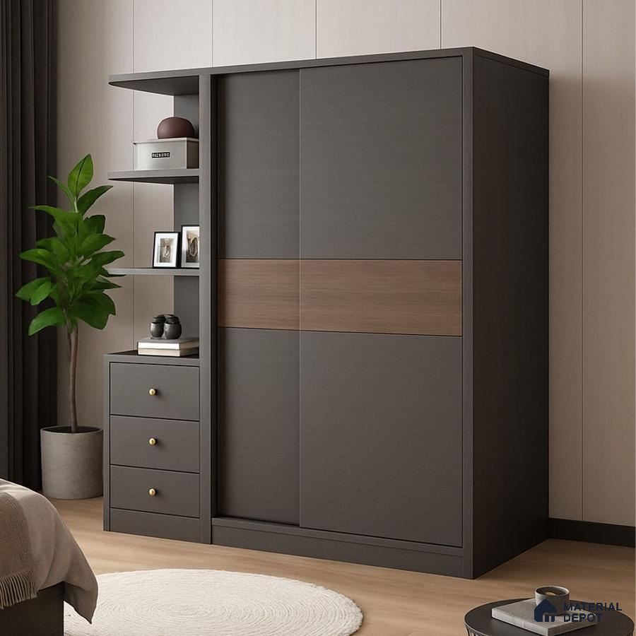 Modern wardrobe with matte charcoal grey laminate and walnut brown accent in bedroom | Material Depot