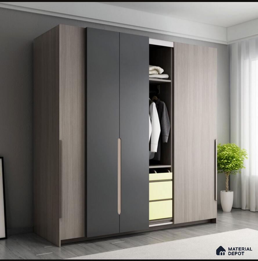 Modern wardrobe with matte grey and light oak laminate shutters | Material Depot