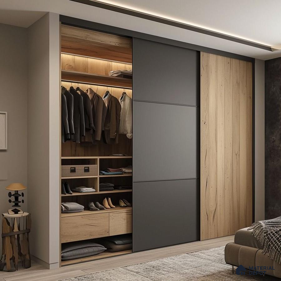 Modern wardrobe with matte grey laminate and light oak wood laminate shutters | Material Depot