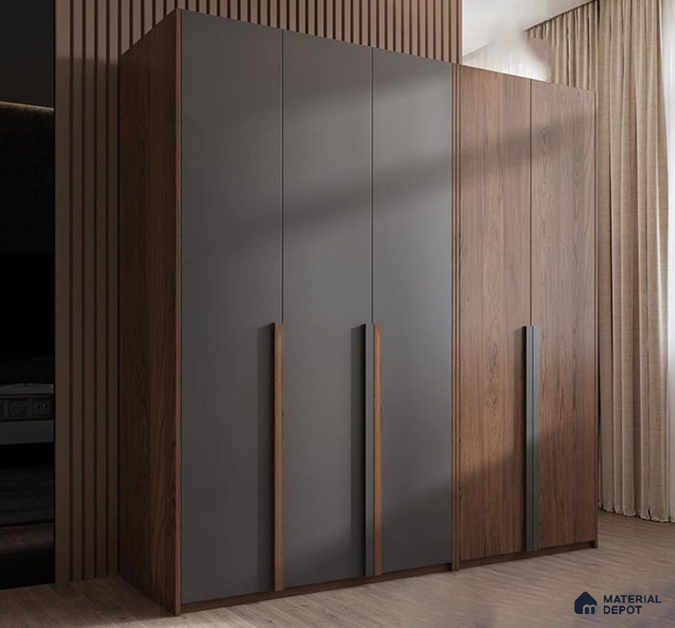Modern wardrobe with matte grey laminate and walnut wood laminate shutters | Material Depot