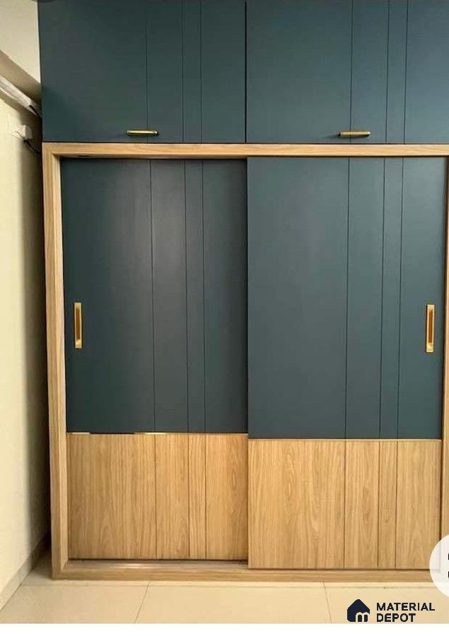 Modern wardrobe with matte teal solid color laminate and light oak wood grain laminate | Material Depot