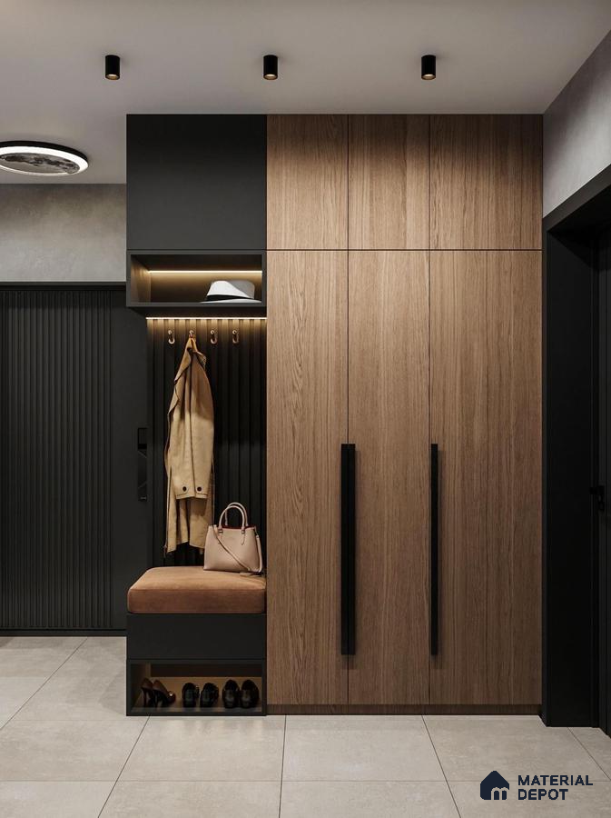 Modern Wardrobe with oak wood laminate wardrobes, black fluted wall panels, and beige suede bench | Material Depot