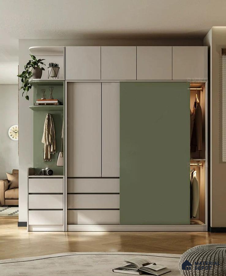 Modern wardrobe with sage green and frosty white laminate in bedroom | Material Depot