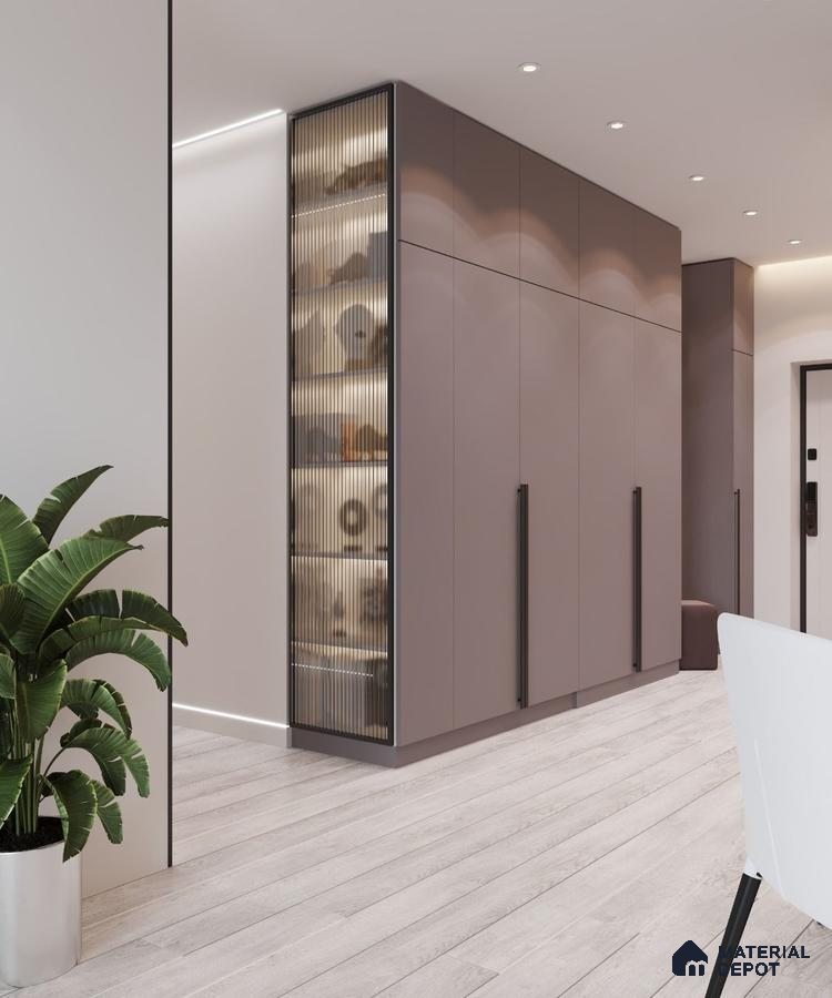 Modern wardrobe with taupe high gloss laminate shutters and fluted glass display, light oak wooden flooring | Material Depot