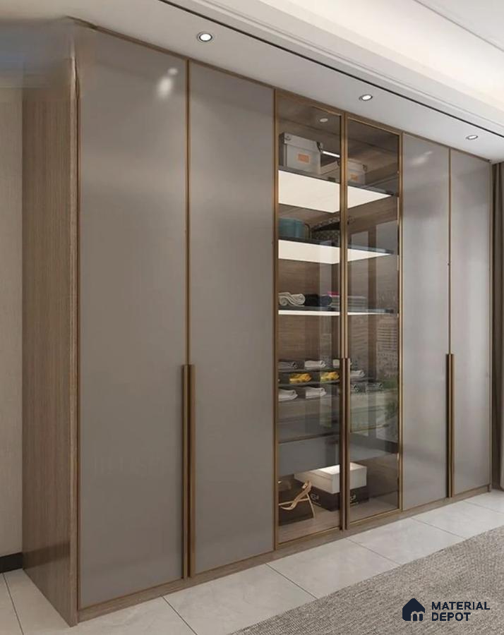 Modern wardrobe with taupe matte laminate, glass shutters, and oak wood finish | Material Depot