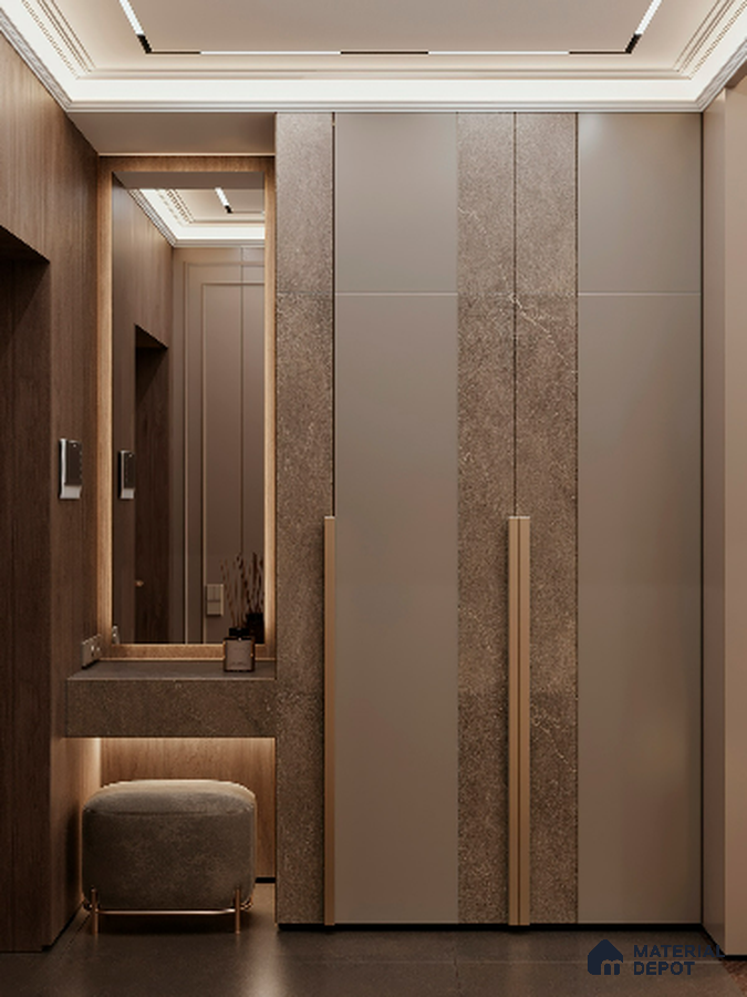 Modern Wardrobe with taupe matte laminate, stone-textured laminate, and walnut wood accents | Material Depot