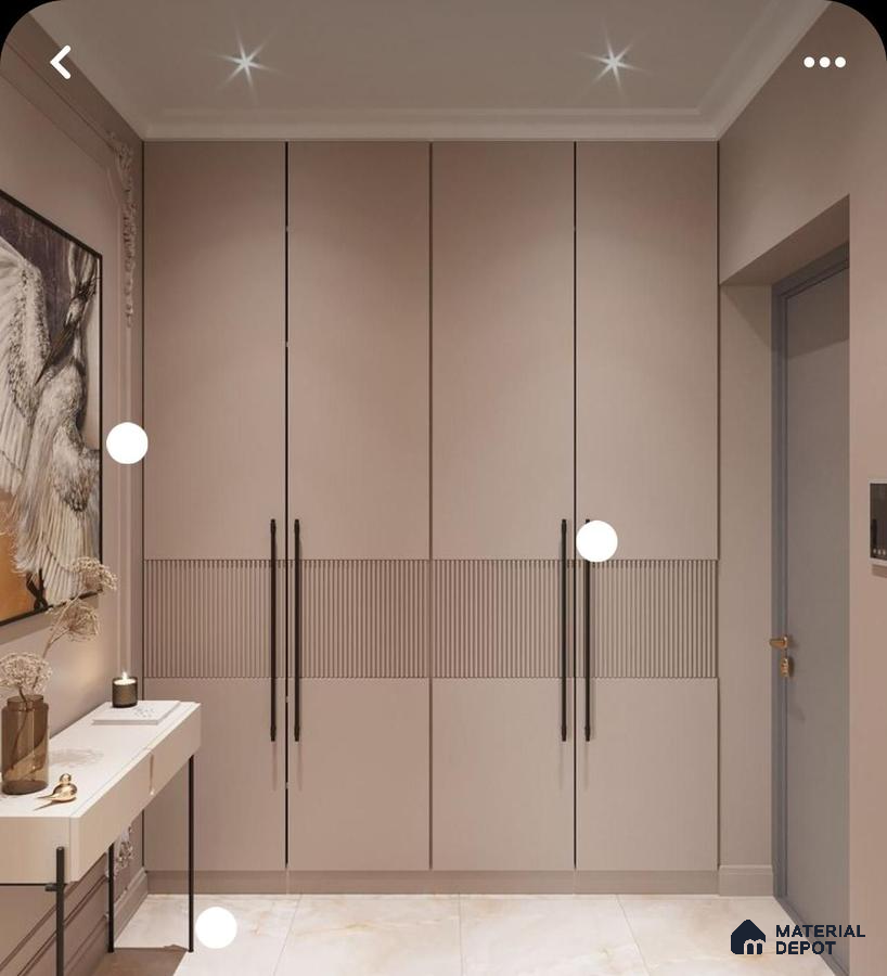 Modern Wardrobe with taupe matte laminate wardrobes, fluted laminate detail, and marble look floor tiles | Material Depot