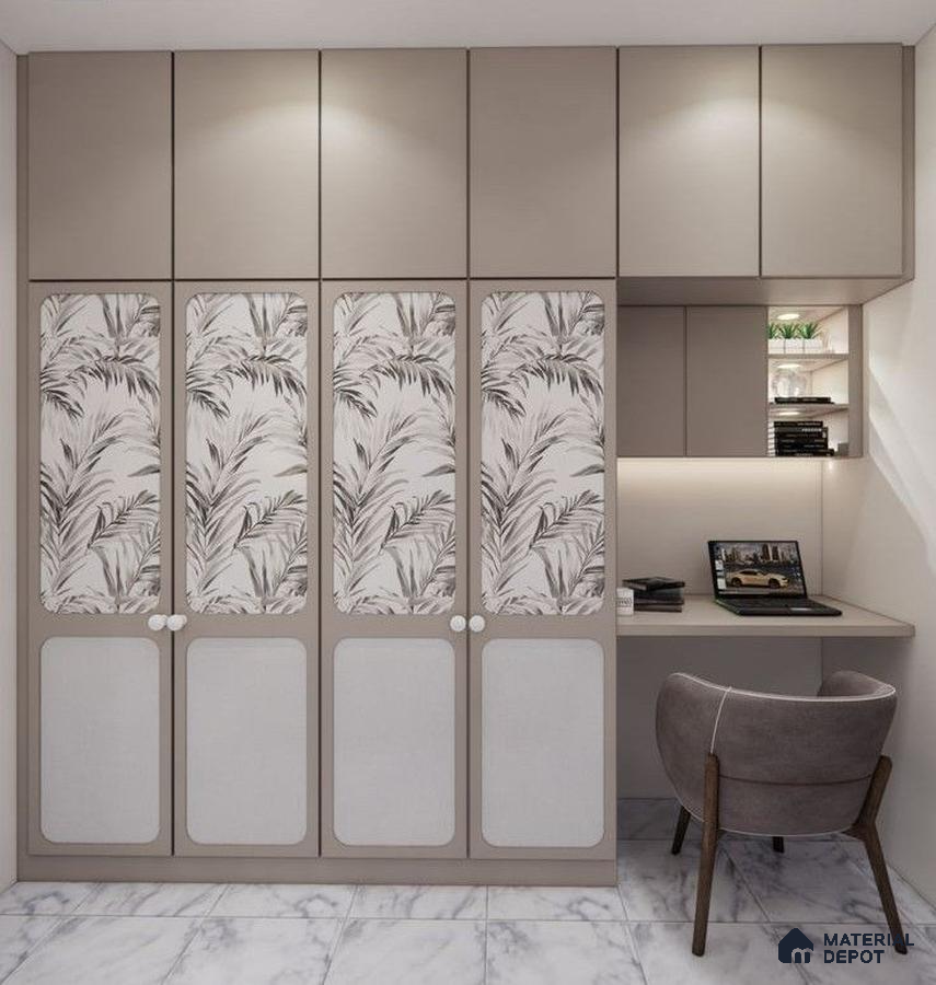 Modern wardrobe with taupe solid color laminate, botanical patterned laminate, and marble floor tile in study nook | Material Depot