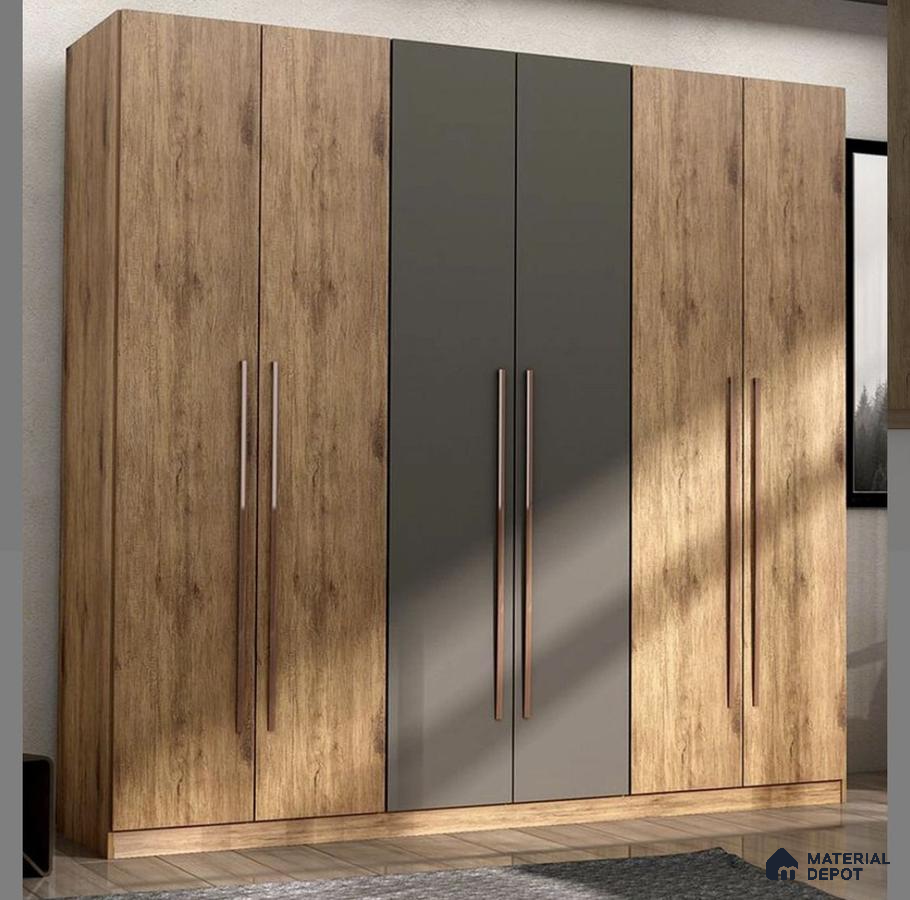 Modern wardrobe with walnut wood laminate and matte grey solid color laminate shutters | Material Depot