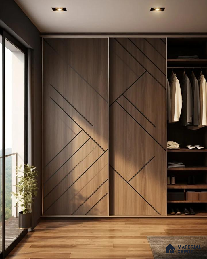 Modern wardrobe with walnut wood laminate, geometric groove design, and wooden flooring | Material Depot