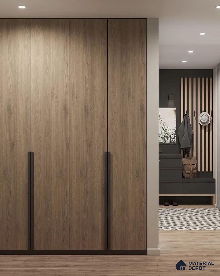 Modern Wardrobe with walnut wood laminate wardrobe, black matte drawers, and vertical wood slat panels | Material Depot