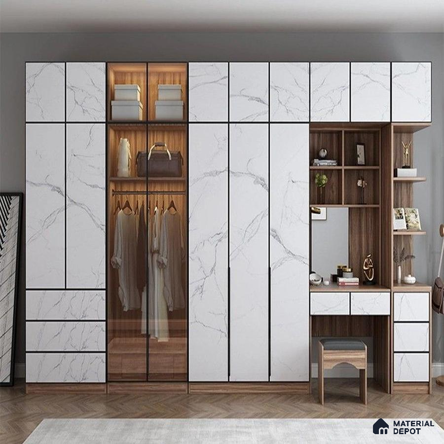 Modern wardrobe with white marble laminate shutters and walnut wood laminate open shelving | Material Depot