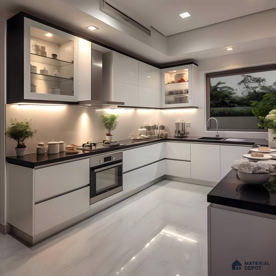 Modern White Acrylic Kitchen With Black Countertop And Glass Display Units | Material Depot